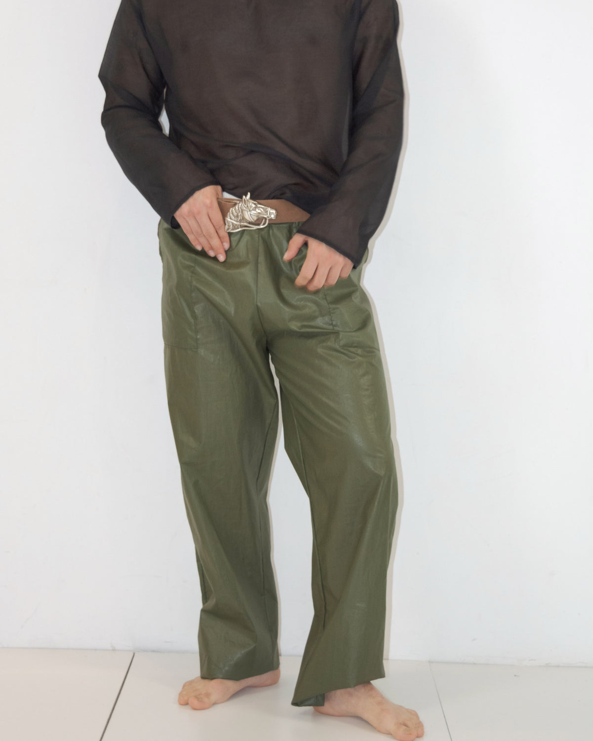 Olive waxed trousers